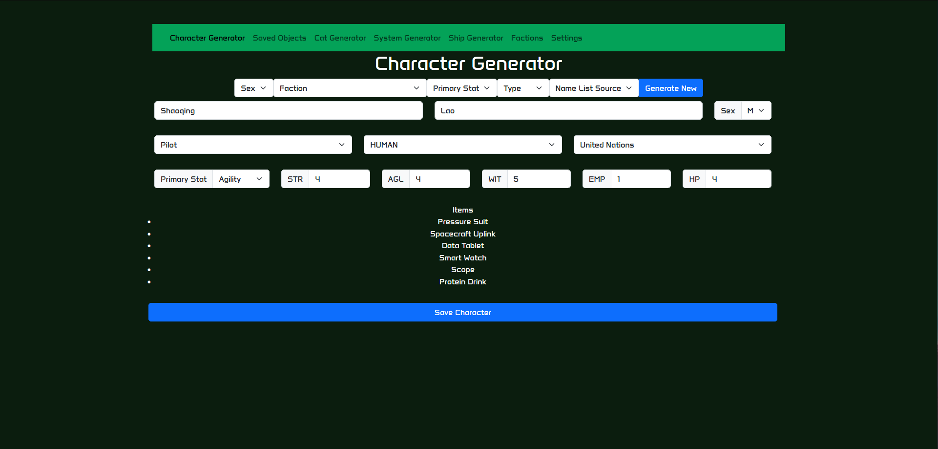 Apollo interface character generation screen